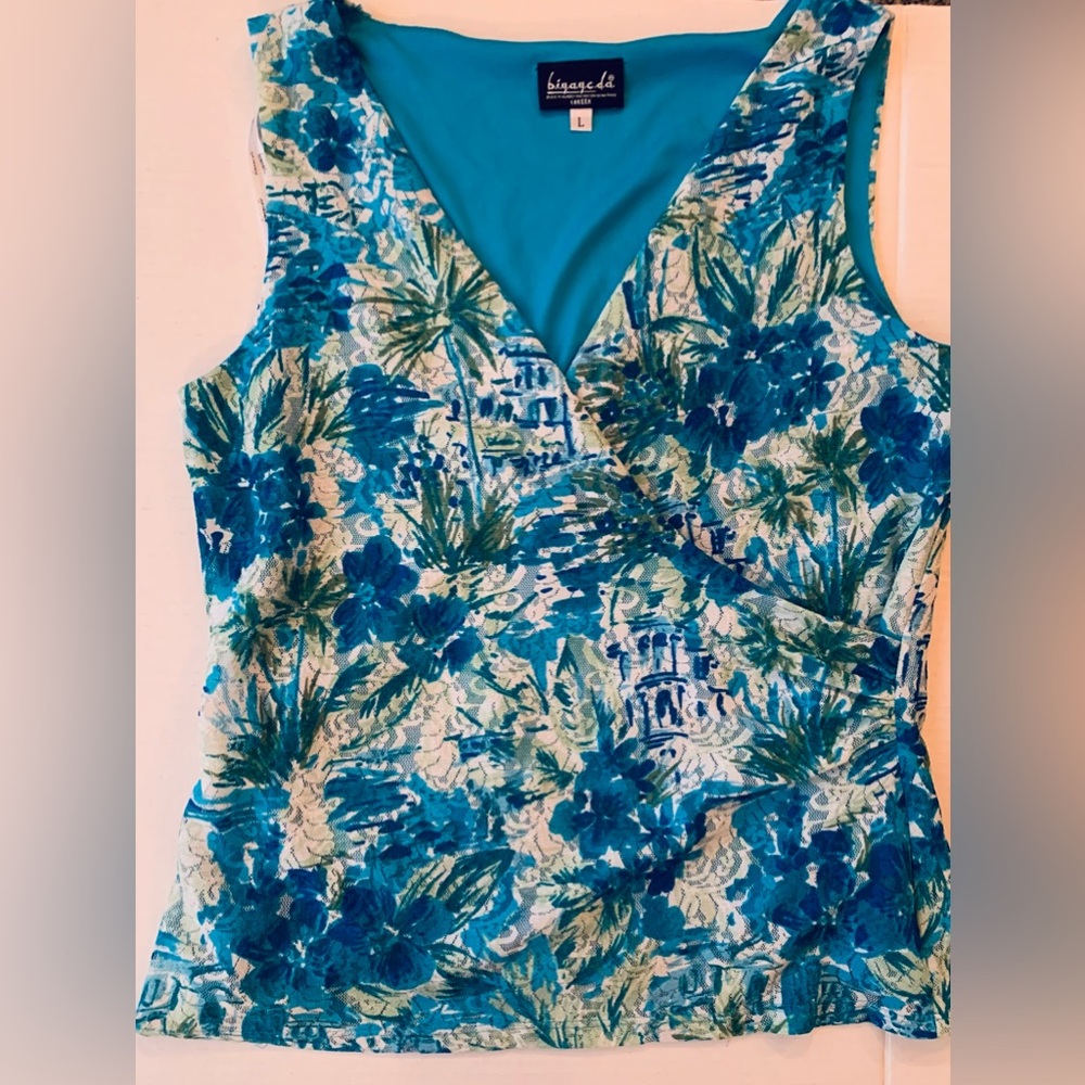 B.I.A.Y.C.D.A. Womens Blue Multicolored Lined Wrap Tank Top Sz L Vtg